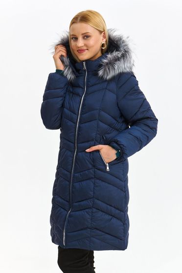 Téli dzsekik, Sötétkék Top Secret kabát egyenes szabással környezetbarát szőrme betétekkel a kapucniján - StarShinerS.hu