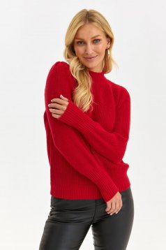 Kötött bő szabású pulóver - piros, magas gallérral