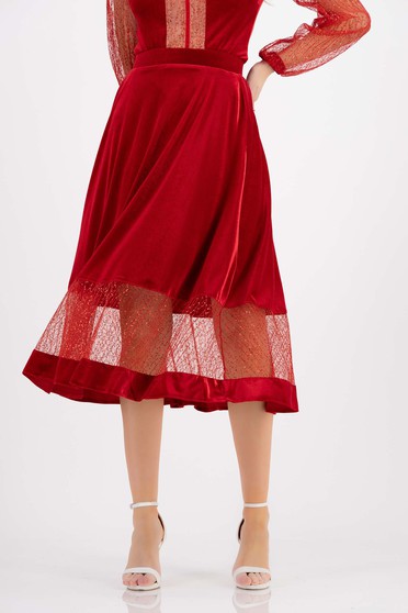 Női szoknyák , tüllből, Bársony midi harang szoknya - piros, gumírozott derékkal, csipkés és flitteres díszítéssel - StarShinerS - StarShinerS.hu