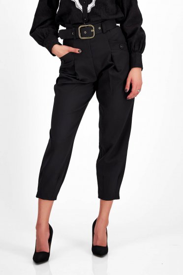 Magas derekú nadrágok,  méret: S, Fekete pamutból készült nadrág zsebes öv típusú kiegészítővel - StarShinerS.hu