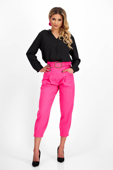 Magas derekú nadrágok, Pink pamutból készült nadrág zsebes öv típusú kiegészítővel - StarShinerS.hu