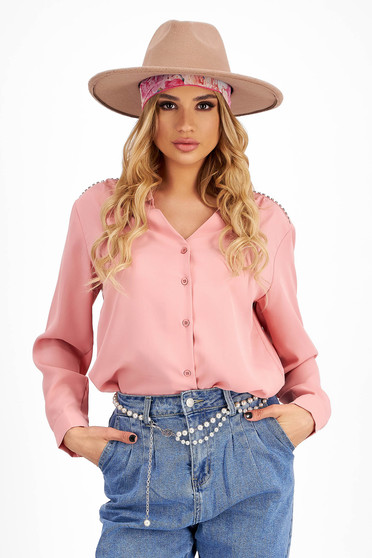 Hosszú ujjú ingek, Női rózsaszín ing bő szabású strassz köves díszítéssel - StarShinerS.hu
