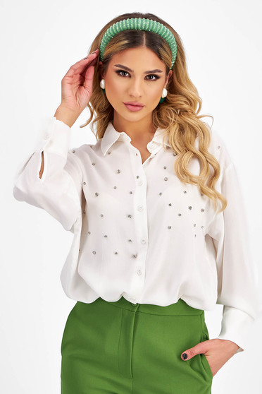 Hosszú ujjú ingek, Női ing fehér pamutból készült bő szabású strassz köves díszítés - StarShinerS.hu