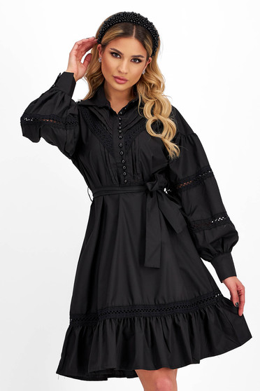 Nappali ruhák, Fekete vékony anyag rövid bő szabású ruha övvel ellátva - StarShinerS.hu