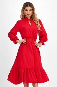 StarShinerS piros ruha - georgette midi harang alakú gumirozott derékrésszel
