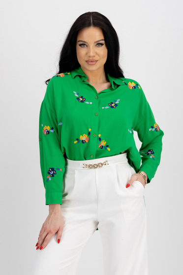 Női ingek,  méret: 4XL, Női ing zöld pamutból készült aszimetrikus bő szabású hímzett részek - StarShinerS.hu