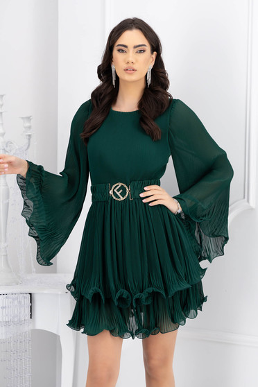 Alkalmi ruhák,  méret: XL, Ruha sötétzöld rakott, pliszírozott muszlin rövid harang övvel ellátva - StarShinerS.hu