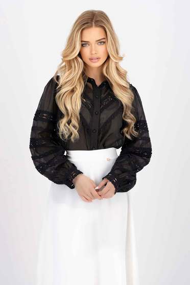 Női ingek,  méret: M, Női ing fekete bő szabású bő ujjú csipke díszítéssel - StarShinerS.hu