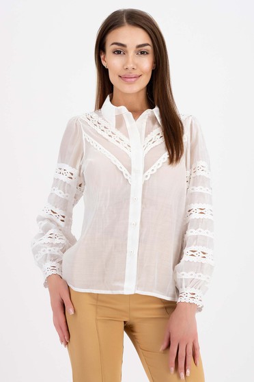Női ingek,  méret: 4XL, Női ing fehér bő szabású bő ujjú csipke díszítéssel - StarShinerS.hu