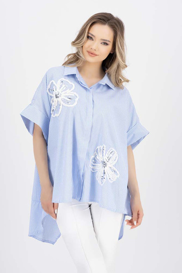 Casual ingek, csíkos, Női ing pamutból készült bő szabású aszimetrikus virágos díszekkel - StarShinerS.hu