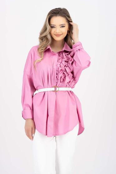 Casual ingek, pamutból készült, Női ing pink puplin bő szabású fodros - StarShinerS.hu