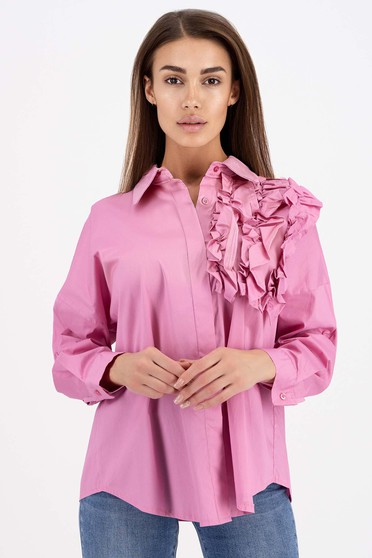 Hosszú ujjú ingek pink, Női ing pink puplin bő szabású fodros - StarShinerS.hu