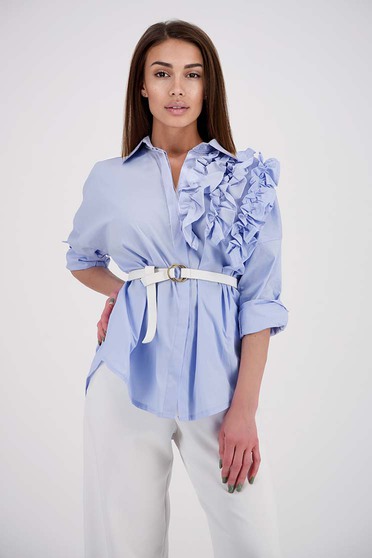 Casual ingek, pamutból készült, Női ing világoskék puplin bő szabású fodros - StarShinerS.hu