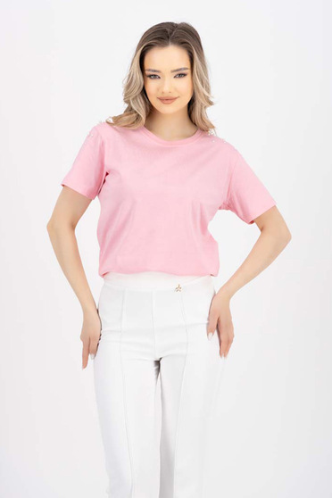 Női Pólók, Póló világos rózsaszínű pamutból készült bő szabású gyöngyök - StarShinerS.hu