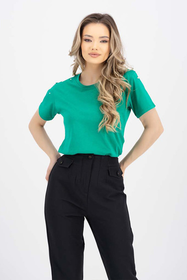 Női Pólók,  méret: S, Póló zöld pamutból készült bő szabású gyöngyök - StarShinerS.hu