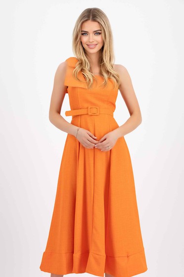 Midi ruhák, Ruhák,  marimea XL, Ruha narancssárga pamutból készült midi harang egy vállas masni díszítéssel - StarShinerS.hu