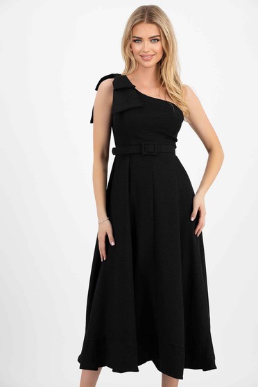 Elegáns ruhák,  méret: 6XL, Ruha fekete pamutból készült midi harang egy vállas masni díszítéssel - StarShinerS.hu