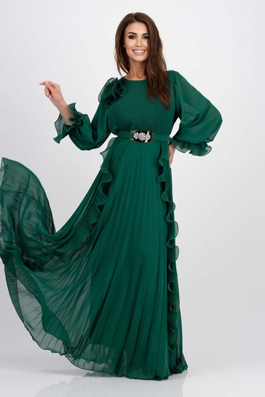 Nagy méretű ruhák harang alakú,  méret: M, Ruha zöld rakott, pliszírozott muszlin hosszú harang bő ujjú - StarShinerS.hu