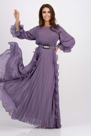Nagy méretű ruhák sotetlila,  méret: M, Ruha lila rakott, pliszírozott muszlin hosszú harang bő ujjú - StarShinerS.hu