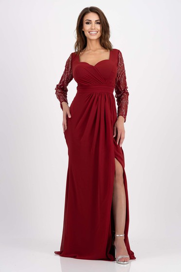 Nagy méretű ruhák piros,  méret: M, Ruha burgundy muszlin hosszú csipke ujj strassz köves díszítéssel - StarShinerS.hu
