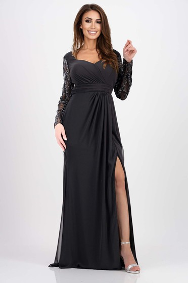 Nagy méretű ruhák,  méret: M, Ruha fekete muszlin hosszú csipke ujj strassz köves díszítéssel - StarShinerS.hu