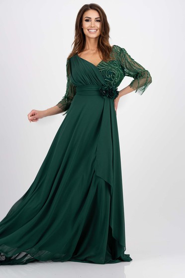 Nagy méretű ruhák,  méret: M, Ruha zöld muszlin csipkés anyagból hosszú harang 3d virágos díszítéssel - StarShinerS.hu