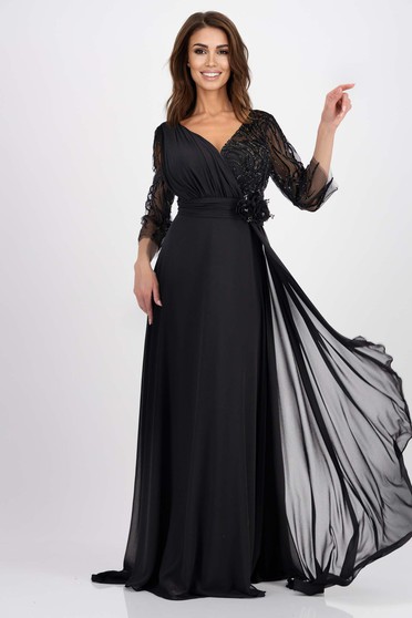 Nagy méretű ruhák hosszú ujjú,  méret: M, Ruha fekete muszlin csipkés anyagból hosszú harang 3d virágos díszítéssel - StarShinerS.hu