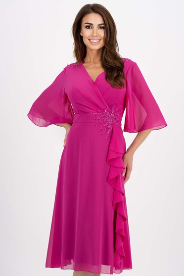 Nagy méretű ruhák pink,  méret: M, Ruha pink muszlin midi harang strassz köves díszítés - StarShinerS.hu