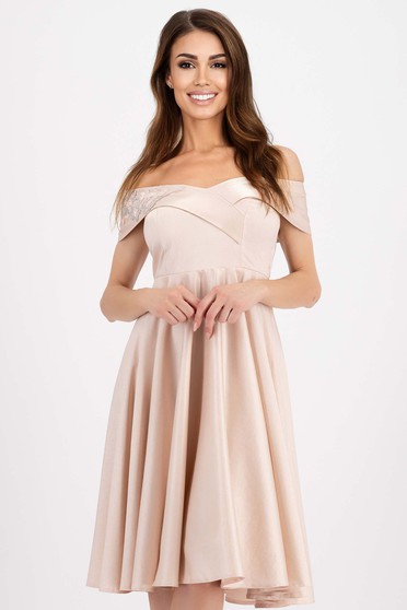 Elegáns ruhák,  méret: 10XL, Púder rózsaszínű midi harang váll nélküli - StarShinerS ruha taft - StarShinerS.hu