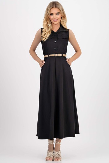 Maxi ruhák, Fekete rugalmas szövet ruha, harang alakú gumirozott derékrésszel - StarShinerS.hu