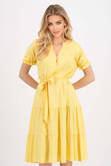 Sárga ruha viszkóz midi harang alakú gumirozott derékrésszel