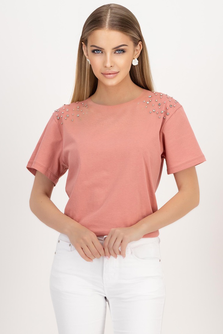 Púder rózsaszín póló pamut bő szabású - Rochii-Dama.ro