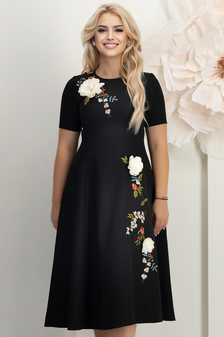 Fekete ruha - StarShinerS midi rugalmas szövet harang