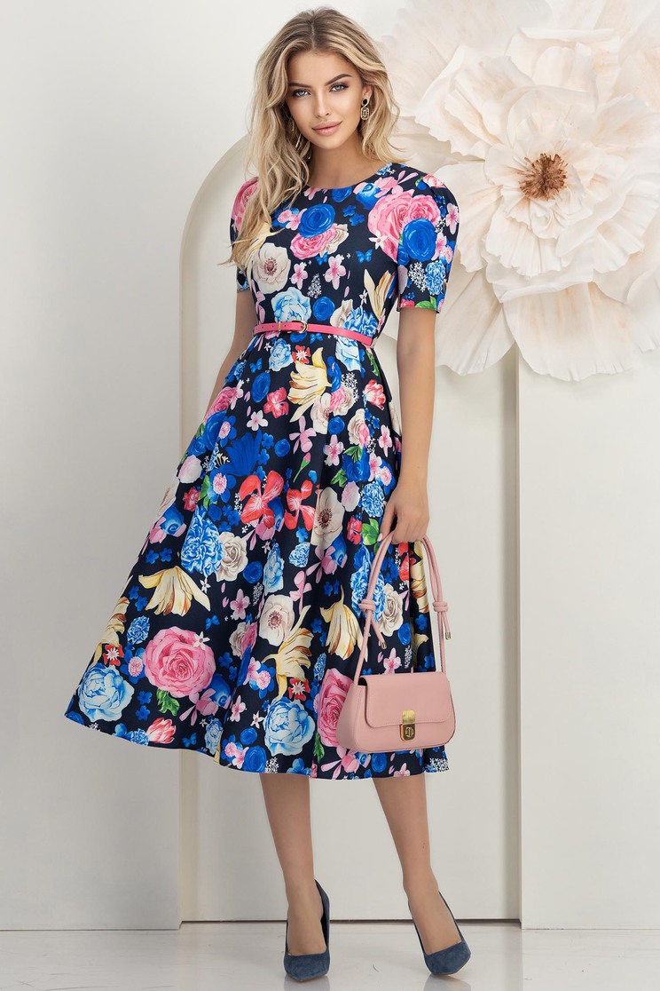 Sötétkék ruha - StarShinerS midi rugalmas szövet harang