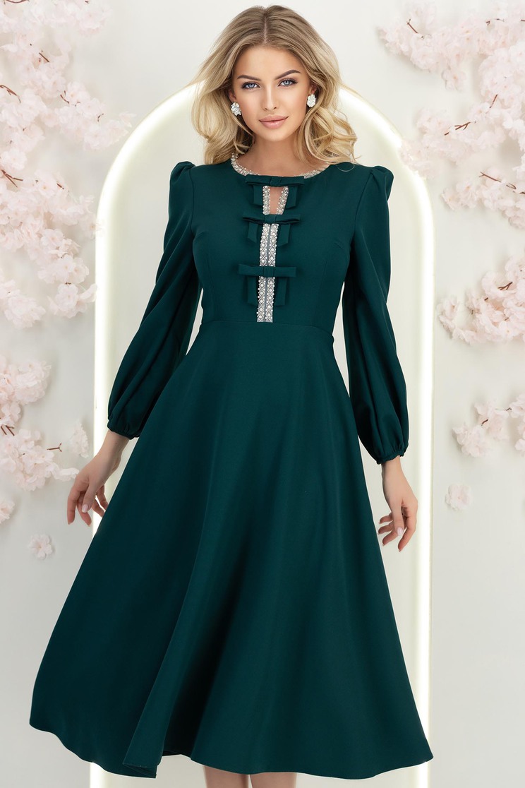 bonprix ruha Sötétzöld, elasztikus szövetből készült midi A-vonalú ruha, elöl masnikkal és strasszkövekkel díszítve – StarShinerS