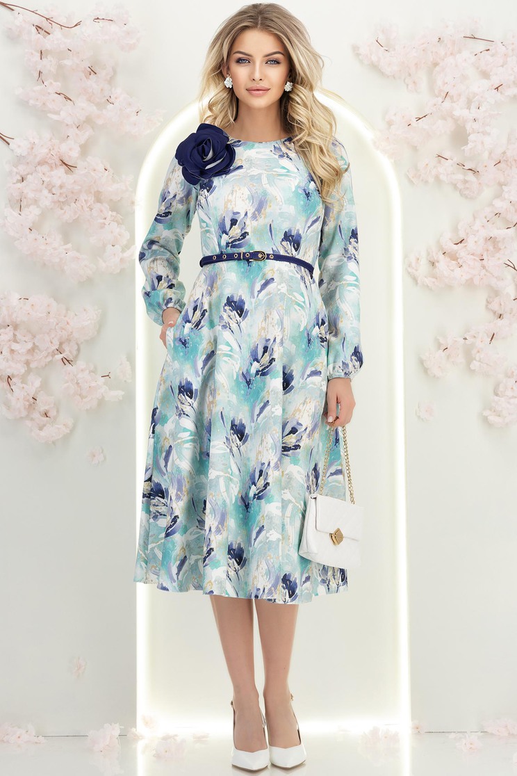 bonprix ruha Világoskék, elasztikus szövetből készült midi A-vonalú ruha, levehető virágos kitűzővel és övvel – StarShinerS