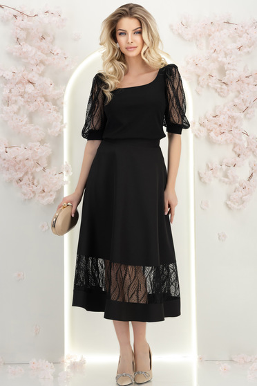 Fekete, midi hosszúságú szövet szoknya harangszabással és csipkeapplikációkkal - StarShinerS