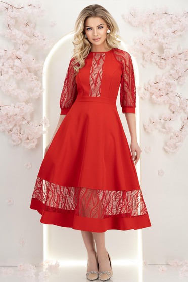 Piros midi hosszúságú szövetruha harangszabással és csipkeapplikációkkal - StarShinerS