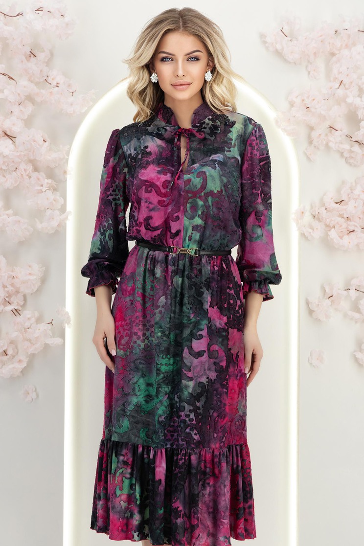 Fukszia viszkóz ruha, midi hosszúságú, bő szabású, gumis derékrésszel és fodros ujjakkal  - Rochii-Dama.ro