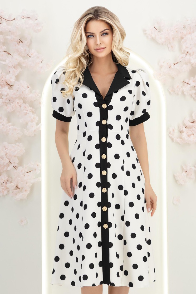 Fehér, pöttyös, középhosszú, harangszabású szövetruha aranyszínű díszgombokkal  - Rochii-Dama.ro