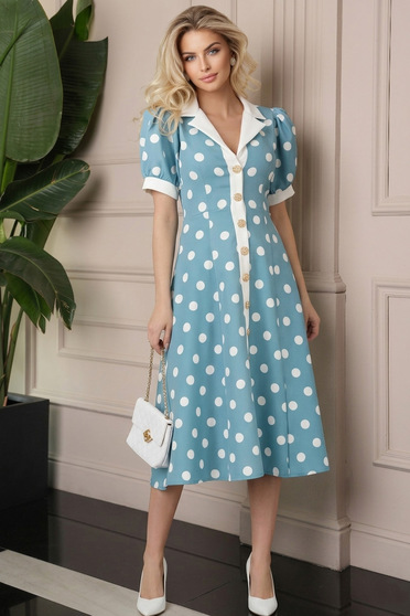 Türkizzöld pöttyös, középhosszú, harangszabású szövetruha aranyszínű díszgombokkal - StarShinerS