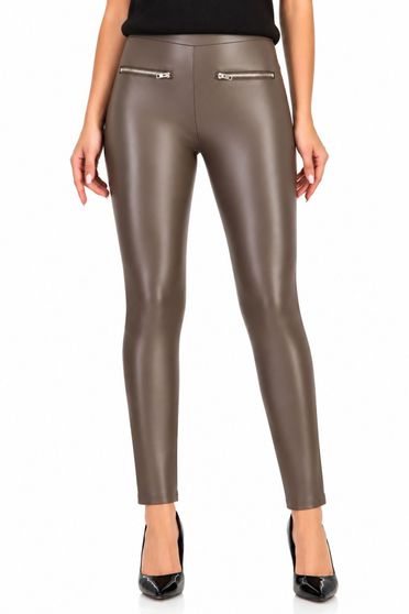Hosszú szürke műbőr leggings gumis derékrésszel és elülső álzsebekkel