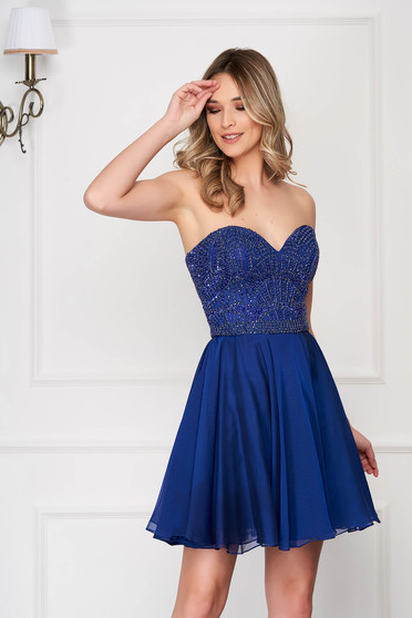 Luxus ruhák, Kék Sherri Hill ruha luxus muszlinból rövid harang hátul kivágott - StarShinerS.hu