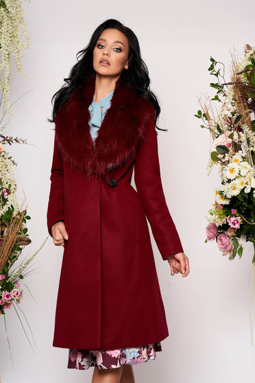 Burgundy LaDonna elegáns gyapjú nagykabát szőrme gallérral béléssel