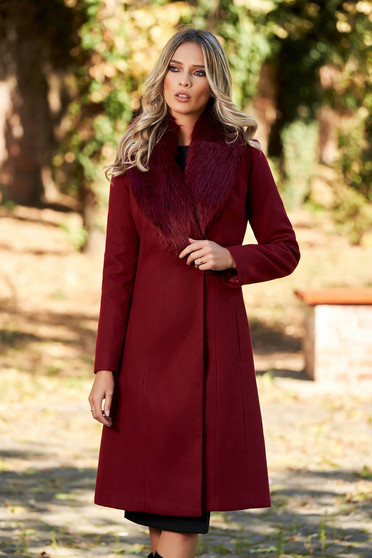 Burgundy LaDonna elegáns gyapjú nagykabát szőrme gallérral béléssel