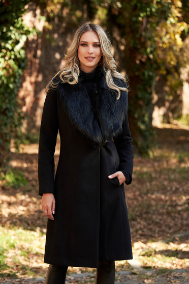 Fekete LaDonna elegáns nagykabát szőrme gallér béléssel