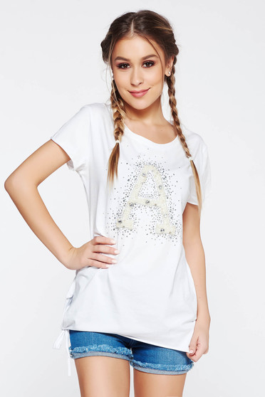 Fehér SunShine póló casual rugalmas pamut bő szabás gyöngy díszítéssel strassz köves díszítés