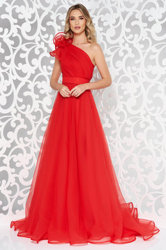 Piros Ana Radu luxus egy vállas deréktól bővülő szabású ruha béléssel övvel ellátva