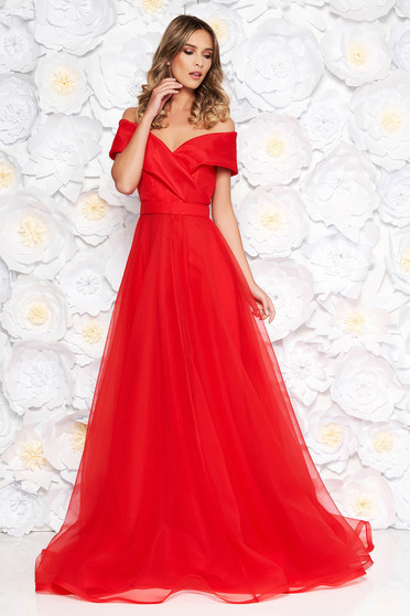 Luxus ruhák, Piros Ana Radu harang ruha áttetsző anyag belső béléssel övvel ellátva - StarShinerS.hu