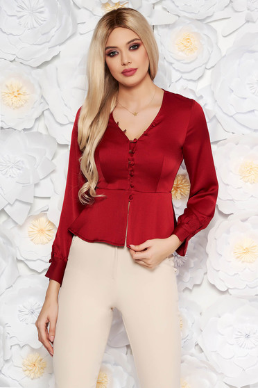 Burgundy StarShinerS elegáns női blúz szűk szabás szatén anyagból derekán fodros
